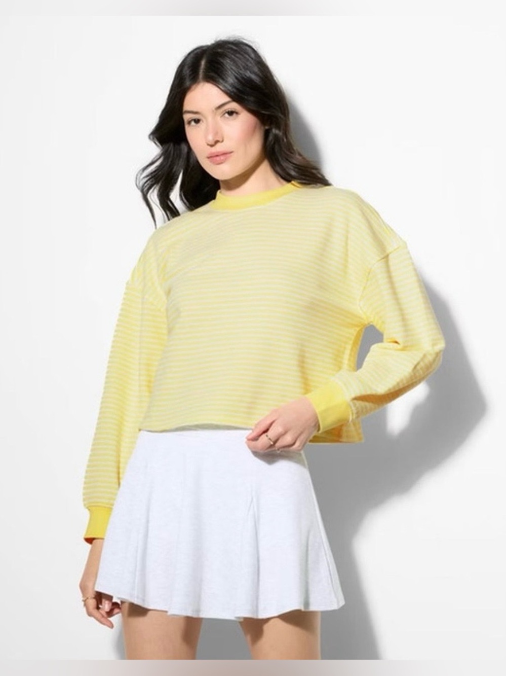 Wild Fable Size 2X Crewneck Pullover Sweatshirt Striped Yellow And White